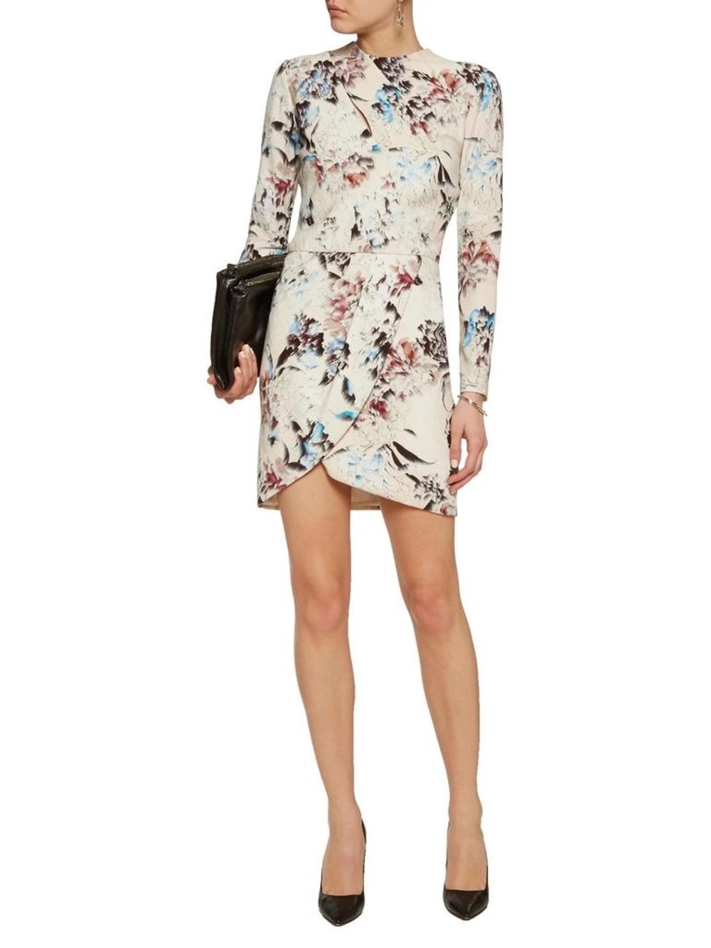 Michelle Mason Women's Floral Beige Sheath Dress with Blue & Burgundy Accents